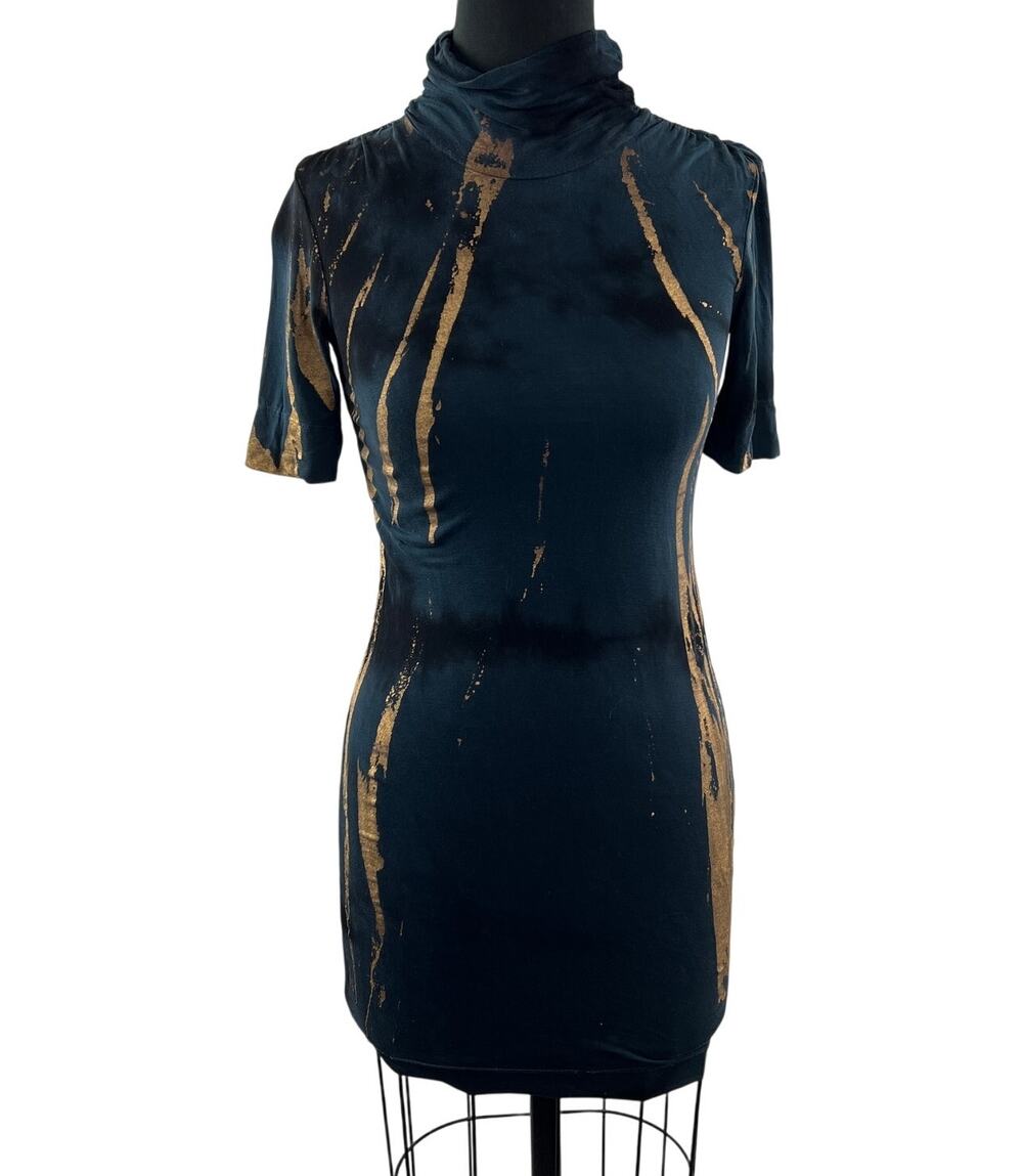 MAJ Navy Blue Gold Tunic Top Tie-Dye Turtle Neck 1/4 Sleeve Size X-Small XS